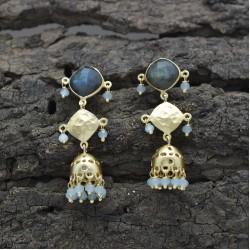 Brass Gold Plated Labradorite, Aqua Chalcedony Gemstone Stud Earrings- A1E-8487