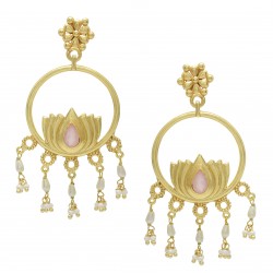 Brass Gold Plated Rose Quartz, Pearl Gemstone Stud Earrings- A1E-8491