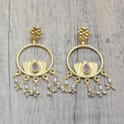 Brass Gold Plated Rose Quartz, Pearl Gemstone Stud Earrings- A1E-8491