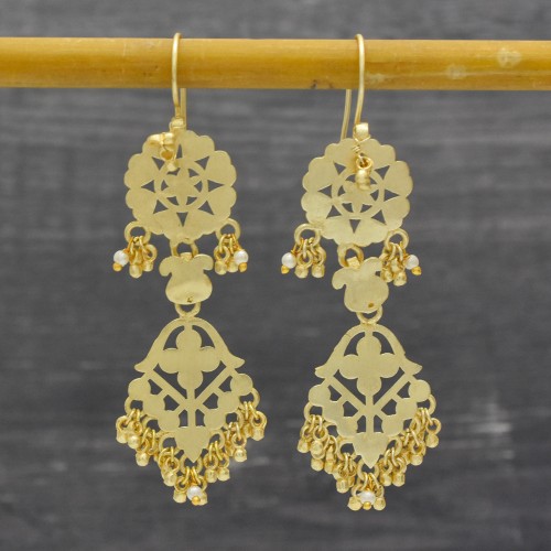 Brass Gold Plated Pearl Gemstone With Metal Beads Dangle Earrings- A1E-8540