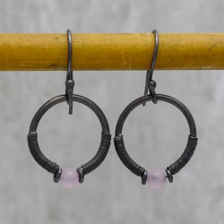 Brass Black Rhodium Plated Rose Quartz Gemstone Dangle Earrings- A1E-859