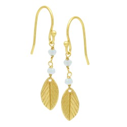 925 Sterling Silver Gold Plated Aqua Chalcedony Gemstone With Metal Leaf Dangle Earrings- A1E-8705