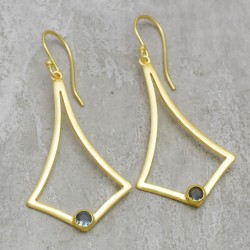 Brass Gold Plated London Blue Topaz Gemstone Dangle Earrings- A1E-8767