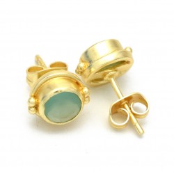 Brass Gold Plated Aqua Chalcedony Gemstone Stud Earrings- A1E-8861