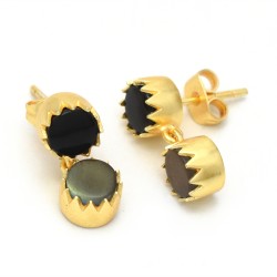 Brass Gold Plated Black Onyx, Labradorite Gemstone Stud Earrings- A1E-8912