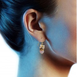 Brass Gold Plated Rose Quartz, Grey Chalcedony Gemstone Dangle Earrings- A1E-893