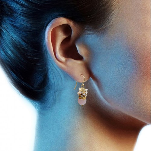 Brass Gold Plated Rose Quartz, Grey Chalcedony Gemstone Dangle Earrings- A1E-893