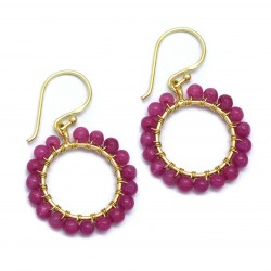 925 Sterling Silver Gold Plated Pearl, Pink Jade Gemstone Dangle Earrings- A1E-900