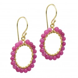 925 Sterling Silver Gold Plated Pearl, Pink Jade Gemstone Dangle Earrings- A1E-900