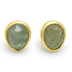 Brass Gold Plated Prehnite Gemstone Stud Earrings- A1E-90021