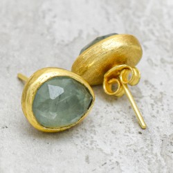 Brass Gold Plated Prehnite Gemstone Stud Earrings- A1E-90021