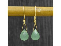 925 Sterling Silver Gold Plated Green Chalcedony Gemstone Dangle Earrings- A1E-90123