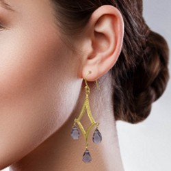 Brass Gold Plated Amethyst, Blue Topaz Smoky Gemstone Dangle Earrings- A1E-906
