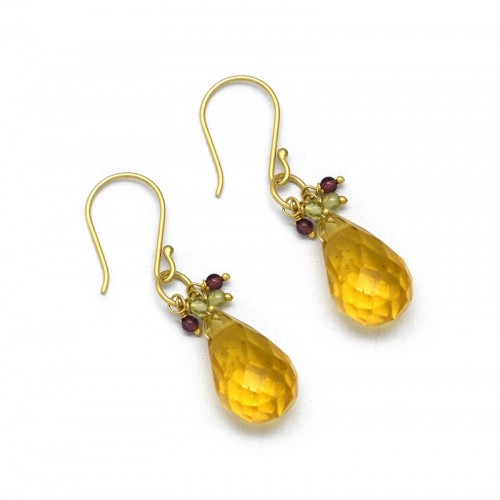 Brass Gold Plated Citrine, Garnet, Peridot Gemstone Dangle Earrings- A1E-908