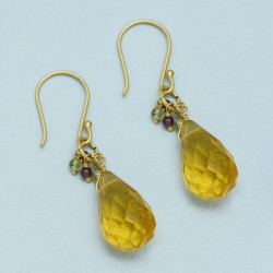 Brass Gold Plated Citrine, Garnet, Peridot Gemstone Dangle Earrings- A1E-908