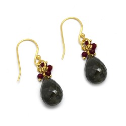 Brass Gold Plated Labradorite, Ruby Gemstone Dangle Earrings- A1E-908