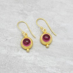 925 Sterling Silver Gold Plated Pink Tourmaline Gemstone Dangle Earrings- A1E-9253
