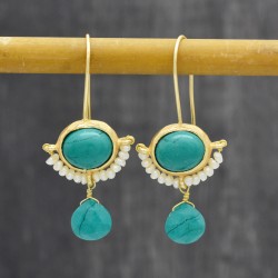 Brass Gold Plated Turquoise, Pearl Gemstone Dangle Earrings- A1E-9284