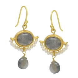 925 Sterling Silver Gold Plated Labradorite, Pearl Gemstone Dangle Earrings- A1E-9284