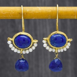 925 Sterling Silver Gold Plated Lapis Lazuli, Pearl Gemstone Dangle Earrings- A1E-9284