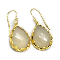 Brass Gold Plated White Chalcedony Gemstone Dangle Earrings- A1E-9349