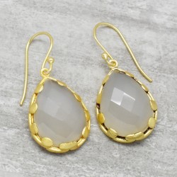 Brass Gold Plated White Chalcedony Gemstone Dangle Earrings- A1E-9349