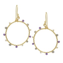 Brass Gold Plated Amethyst, Pearl, Labradorite Gemstone Dangle Earrings- A1E-9358
