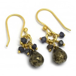 925 Sterling Silver Gold Plated Pyrite, Iolite Gemstone Dangle Earrings- A1E-9386