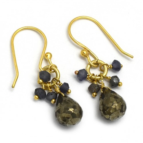 925 Sterling Silver Gold Plated Pyrite, Iolite Gemstone Dangle Earrings- A1E-9386