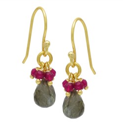 925 Sterling Silver Gold Plated Ruby, Labradorite Gemstone Dangle Earrings- A1E-9386