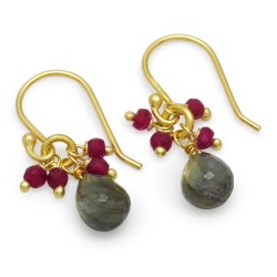 925 Sterling Silver Gold Plated Ruby, Labradorite Gemstone Dangle Earrings- A1E-9386