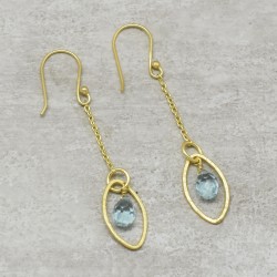 925 Sterling Silver Gold Plated Blue Topaz Gemstone Dangle Earrings- A1E-941