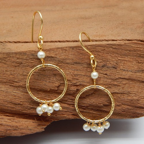 925 Sterling Silver Gold Plated Pearl Gemstone Dangle Earrings- A1E-9425