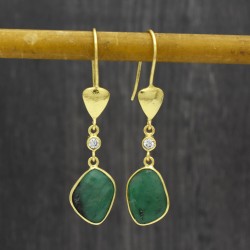 Brass Gold Plated Emerald, White CZ Gemstone Dangle Earrings- A1E-9426