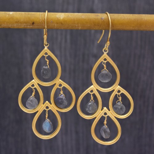 Brass Gold Plated Labradorite Gemstone Dangle Earrings- A1E-955