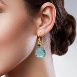 Brass Gold Plated Blue Color Crystal, Amethyst, Peridot Gemstone Dangle Earrings- A1E-956