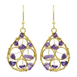 925 Sterling Silver Gold Plated Pear, Round Shape Amethyst Gemstone Dangle Earrings- A1E-959