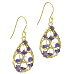 925 Sterling Silver Gold Plated Pear, Round Shape Amethyst Gemstone Dangle Earrings- A1E-959