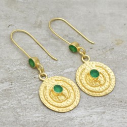 925 Sterling Silver Gold Plated Green Onyx Gemstone Dangle Earrings- A1E-9638