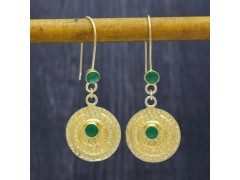 925 Sterling Silver Gold Plated Green Onyx Gemstone Dangle Earrings- A1E-9638