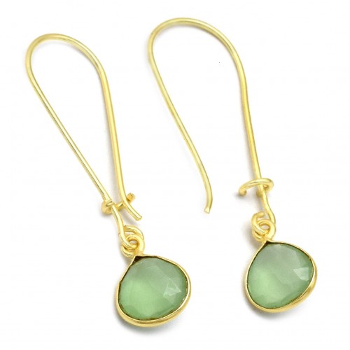 Brass Gold Plated Green Chalcedony Gemstone Dangle Earrings- A1E-9640