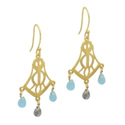 925 Sterling Silver Gold Plated Aqua Chalcedony, Labradorite Gemstone Dangle Earrings- A1E-9646