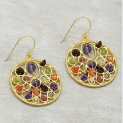 925 Sterling Silver Gold Plated Multi Stone Dangle Earrings- A1E-965