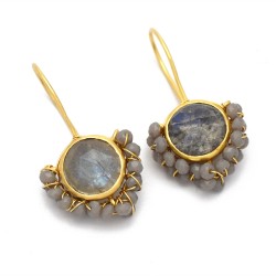 925 Sterling Silver Gold Plated Labradorite, Grey Chalcedony Gemstone Dangle Earrings- A1E-9695