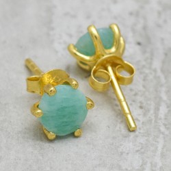 Brass Gold Plated Amazonite Gemstone Stud Earrings- A1E-9717