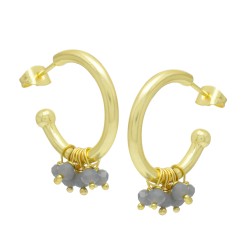 Brass Gold Plated Grey Chalcedony Gemstone Stud Earrings- A1E-977