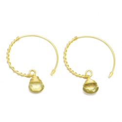 Brass Gold Plated Lemon Topaz Gemstone Hoop Earrings- A1E-9792