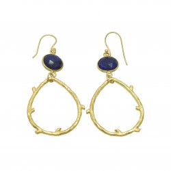 925 Sterling Silver Gold Plated Lapis Lazuli Gemstone Dangle Earrings- A1E-9794