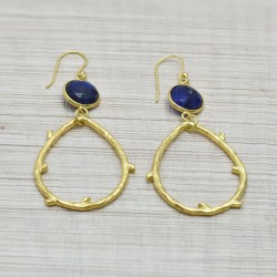 925 Sterling Silver Gold Plated Lapis Lazuli Gemstone Dangle Earrings- A1E-9794