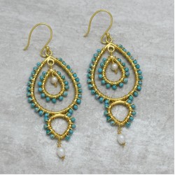 925 Sterling Silver Gold Plated Turquoise, Labradorite, Garnet With Pearl Gemstone Dangle Earrings- A1E-987